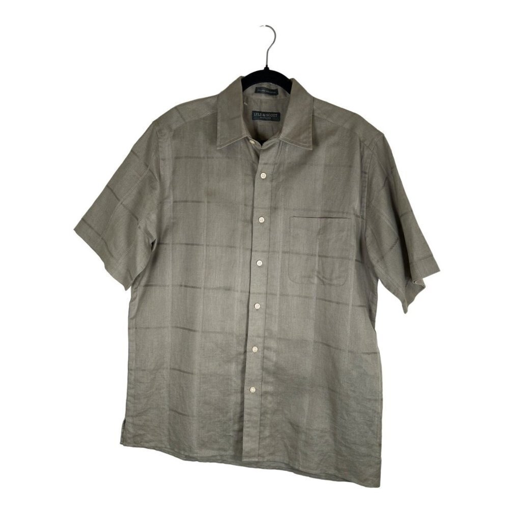 Lyle & Scott Scotland Mens Size M Short Sleeve Shirt Tan Linen Cotton Windowpane